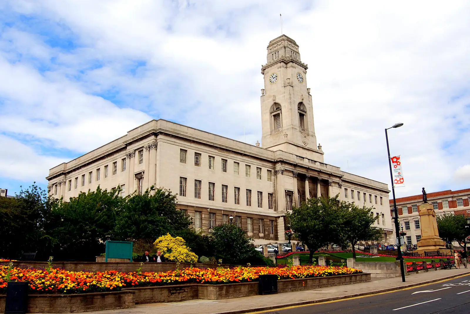 Barnsley Town Hall with flower beds in front